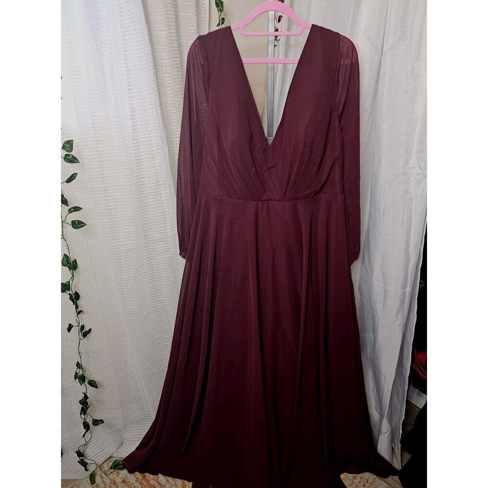 Burgundy Flowy Maxi Gown Size 20W Deep‎ V Neck Chiffon Formal Dress Long Sleeve